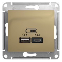 Зарядное устройство USB тип A+С 5В/2,4 А  2х5В/1,2 А, SE Glossa, титан