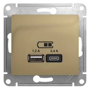 Купить Зарядное устройство USB тип A+С 5В/2,4 А  2х5В/1,2 А, SE Glossa, титан