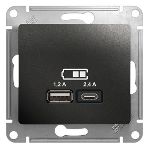Обзор Зарядное устройство USB тип A+С 5В/2,4 А  2х5В/1,2 А, SE Glossa, антрацит