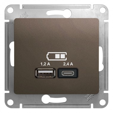 Купить Зарядное устройство USB тип A+С 5В/2,4 А  2х5В/1,2 А, SE Glossa, шоколад