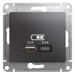 Зарядное устройство USB тип A+С 5В/2,4 А  2х5В/1,2 А, SE Glossa, графит