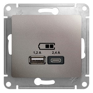 Обзор Зарядное устройство USB тип A+С 5В/2,4 А  2х5В/1,2 А, SE Glossa, платина