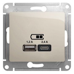 Зарядное устройство USB тип A+С 5В/2,4 А  2х5В/1,2 А, SE Glossa, молочный