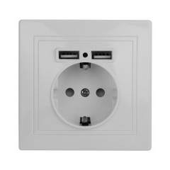 Розетка 2P+E Schuko со шторками 16А 250В + 2хUSB 5В-2,1А  Intro Plano, белый 1-410-01