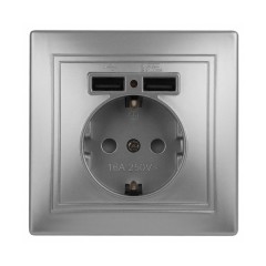 Розетка 2P+E Schuko со шторками 16А 250В + 2хUSB 5В-2,1А  Intro Plano, алюминий 1-410-03