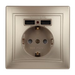 Розетка 2P+E Schuko со шторками 16А 250В + 2хUSB 5В-2,1А  Intro Plano, шампань 1-410-04