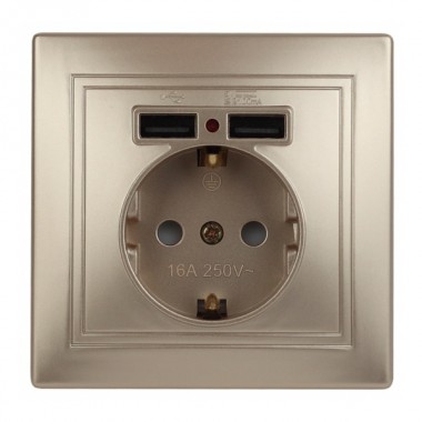 Обзор Розетка 2P+E Schuko со шторками 16А 250В + 2хUSB 5В-2,1А  Intro Plano, шампань 1-410-04