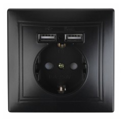 Розетка 2P+E Schuko со шторками 16А 250В + 2хUSB 5В-2,1А  Intro Plano, антрацит 1-410-05