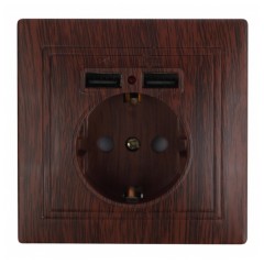 Розетка 2P+E Schuko со шторками 16А 250В + 2хUSB 5В-2,1А  Intro Plano, венге 1-410-10