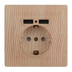 Розетка 2P+E Schuko со шторками 16А 250В + 2хUSB 5В-2,1А  Intro Plano, сосна 1-410-11