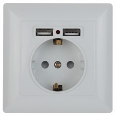 Розетка 2P+E Schuko со шторками 16А-250В + 2хUSB  Intro Solo, белый 4-410-01