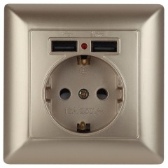 Розетка 2P+E Schuko со шторками 16А-250В + 2хUSB  Intro Solo, шампань 4-410-04