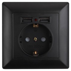 Розетка 2P+E Schuko со шторками 16А-250В + 2хUSB  Intro Solo, антрацит 4-410-05