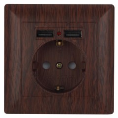 Розетка 2P+E Schuko со шторками 16А-250В + 2хUSB  Intro Solo, венге 4-410-10