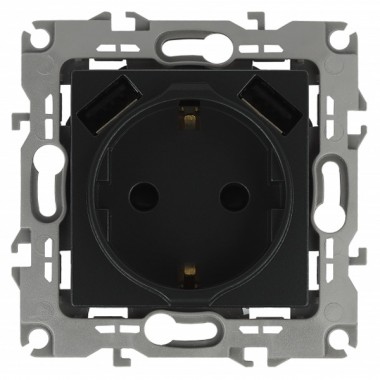 Купить Розетка 2P+E 16A 250В со шторками и зарядкой 2xUSB 5В 3А Эра12, антрацит 12-4109-05