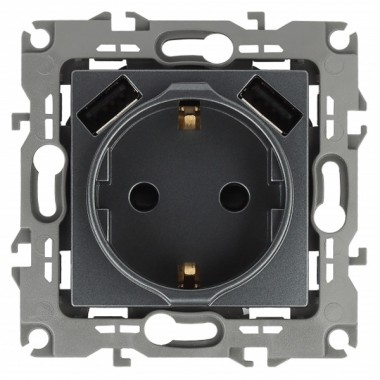 Отзывы Розетка 2P+E 16A 250В со шторками и зарядкой 2xUSB 5В 3А Эра12, графит 12-4109-12