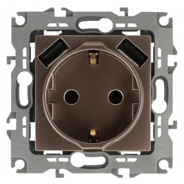 Обзор Розетка 2P+E 16A 250В со шторками и зарядкой 2xUSB 5В 3А Эра12, бронза 12-4109-13