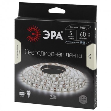 Обзор Светодиодная лента ЭРА LS5050-60LED-IP65-WW-5m 14,4W/m 12V теплый белый 5055398613948