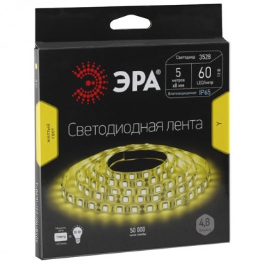 Обзор Светодиодная лента ЭРА LS3528-60LED-IP65-Y-5m 4,8W/m 12V желтый 5055398613580