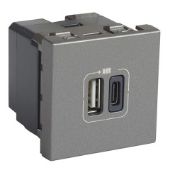 Розетка 2xUSB тип С и тип А Legrand Mosaic для зарядки 2 модуля алюминий