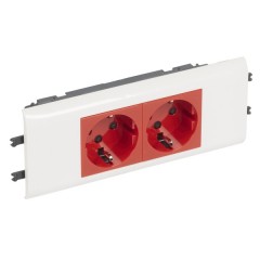 Розетка Legrand Mosaic 2х2К+З с суппортом для DLP (крышка 65мм) с блокировкой автозажим 4М, красный
