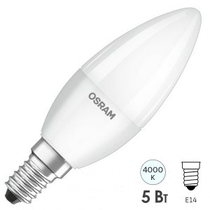 Обзор Лампа светодиодная свеча Osram LED LS CLAS B 40 5W 840 FR 220V E14 470lm