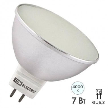 Обзор Лампа светодиодная MR16-7 Вт-220 В -4000 К–GU 5,3 SMD (с матовым стеклом) TDM