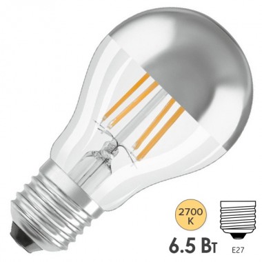 Купить Лампа Osram CL A MIRROR 6.5W/827 230V FIL E27  650Lm d60x105mm Серебряное покрытие